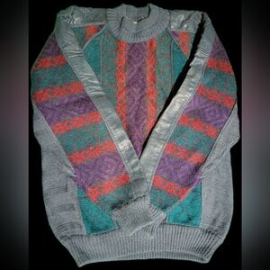 Vintage Juice Oversized Fit Knit Sweater w/ Genuine Leather Trim Striped Size M